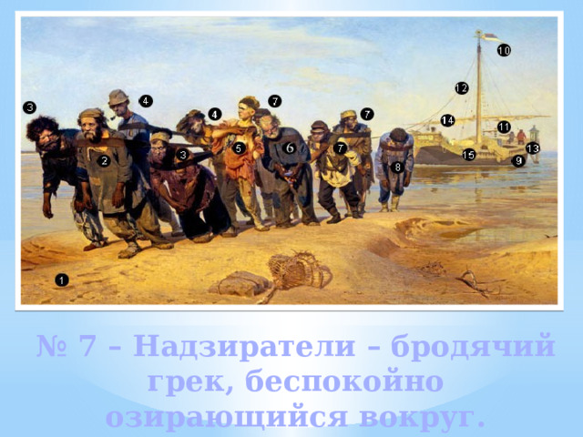 № 7 – Надзиратели – бродячий грек, беспокойно озирающийся вокруг. 