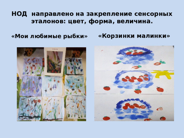 НОД направлено на закрепление сенсорных эталонов: цвет, форма, величина. «Мои любимые рыбки» «Корзинки малинки» 
