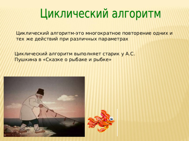 Циклический алгоритм-это многократное повторение одних и тех же действий при различных параметрах Циклический алгоритм выполняет старик у А.С. Пушкина в «Сказке о рыбаке и рыбке» 