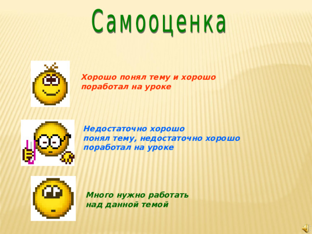 Хорошо понял тему и хорошо поработал на уроке Недостаточно хорошо понял тему, недостаточно хорошо  поработал на уроке Много нужно работать над данной темой 