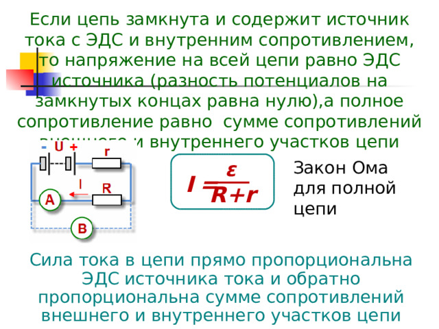 Если цепь замкнута и содержит источник тока с ЭДС и внутренним сопротивлением, то напряжение на всей цепи равно ЭДС источника (разность потенциалов на замкнутых концах равна нулю),а полное сопротивление равно сумме сопротивлений внешнего и внутреннего участков цепи  ε ___ Закон Ома для полной цепи  I  = R + r Сила тока в цепи прямо пропорциональна ЭДС источника тока и обратно пропорциональна сумме сопротивлений внешнего и внутреннего участков цепи 