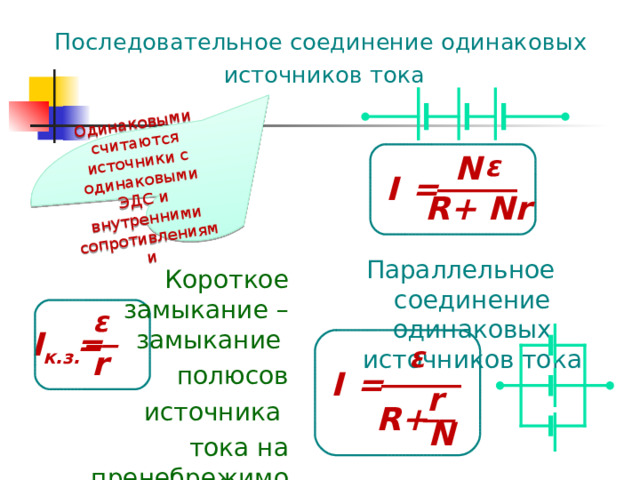 Одинаковыми считаются источники с одинаковыми ЭДС и внутренними сопротивлениями Последовательное соединение одинаковых  источников тока  ε N _____ = I  R + Nr Параллельное соединение одинаковых источников тока Короткое замыкание – замыкание полюсов  источника тока на пренебрежимо малое сопротивление  ε __ I к.з.  =  ε r _____ I  = r __ R +  N 