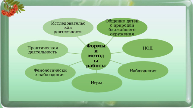 Общение детей с природой ближайшего окружения Исследовательская деятельность НОД Практическая деятельность Формы и методы работы Наблюдения Фенологические наблюдения Игры  