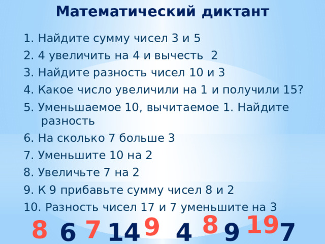 Математический диктант 1. Найдите сумму чисел 3 и 5 2. 4 увеличить на 4 и вычесть 2 3. Найдите разность чисел 10 и 3 4. Какое число увеличили на 1 и получили 15? 5. Уменьшаемое 10, вычитаемое 1. Найдите разность 6. На сколько 7 больше 3 7. Уменьшите 10 на 2 8. Увеличьте 7 на 2 9. К 9 прибавьте сумму чисел 8 и 2 10. Разность чисел 17 и 7 уменьшите на 3  19 8 9 8 7 6 14 4 9 7 