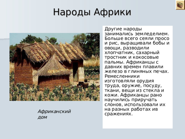  Народы Африки  Другие народы занимались земледелием. Больше всего сеяли просо и рис, выращивали бобы и овощи, разводили хлопчатник, сахарный тростник и кокосовые пальмы. Африканцы с давних времен плавили железо в глиняных печах. Ремесленники изготовляли орудия труда, оружие, посуду, ткани, вещи из стекла и кожи. Африканцы рано научились приручать слонов, использовали их на разных работах ив сражениях. Африканский дом 