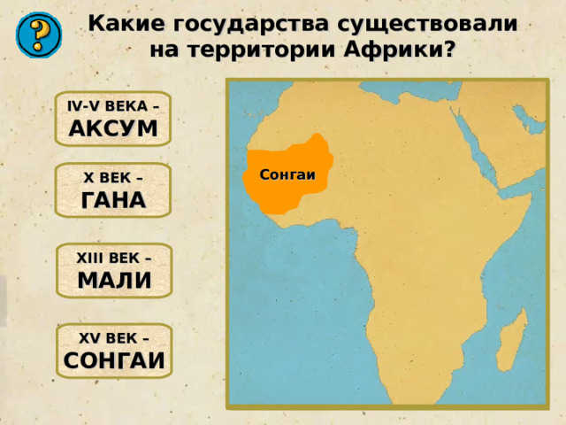 Гана Какие государства существовали на территории Африки? IV-V ВЕКА – АКСУМ Сонгаи Мали X ВЕК – ГАНА Аксум XIII ВЕК – МАЛИ XV ВЕК – СОНГАИ 