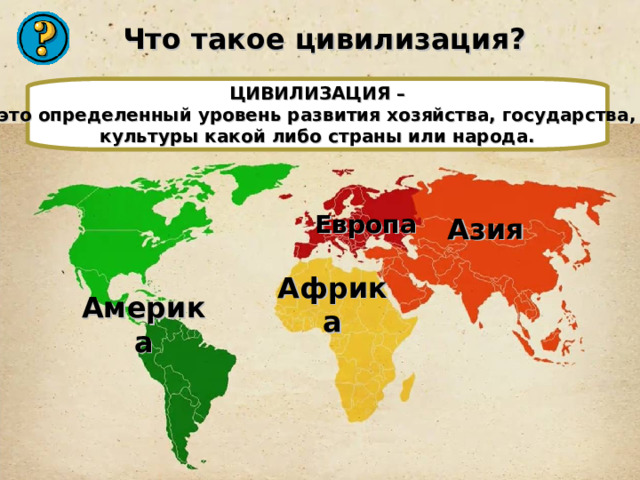 Что такое цивилизация? ЦИВИЛИЗАЦИЯ – это определенный уровень развития хозяйства, государства,  культуры какой либо страны или народа. Европа Азия Африка Америка 