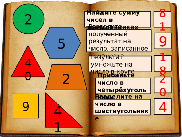 2 81 Найдите сумму чисел в треугольниках 5 Разделите полученный результат на число, записанное в квадрате 9 40 18 Результат умножьте на число в круге 2 20 Прибавьте число в четырёхугольнике 41 9 4 Разделите на число в шестиугольнике 