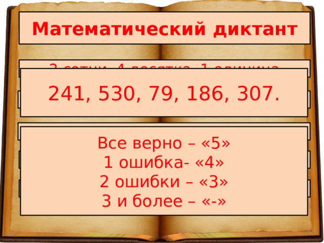 Математический диктант 2 сотни, 4 десятка, 1 единица 241, 530, 79, 186, 307. 5 сотен, 3 десятка 7 десятков, 9 единиц Все верно – «5» 1 ошибка- «4» 2 ошибки – «3» 3 и более – «-» 1 сотня, 8 десятков, 6 единиц 3 сотни, 7 единиц 