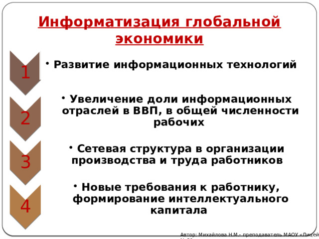 1 Развитие информационных технологий Развитие информационных технологий 2 Увеличение доли информационных отраслей в ВВП, в общей численности рабочих Увеличение доли информационных отраслей в ВВП, в общей численности рабочих 3 Сетевая структура в организации производства и труда работников Сетевая структура в организации производства и труда работников 4 Новые требования к работнику, формирование интеллектуального капитала Новые требования к работнику, формирование интеллектуального капитала Информатизация глобальной экономики Автор: Михайлова Н.М.- преподаватель МАОУ «Лицей № 21» 