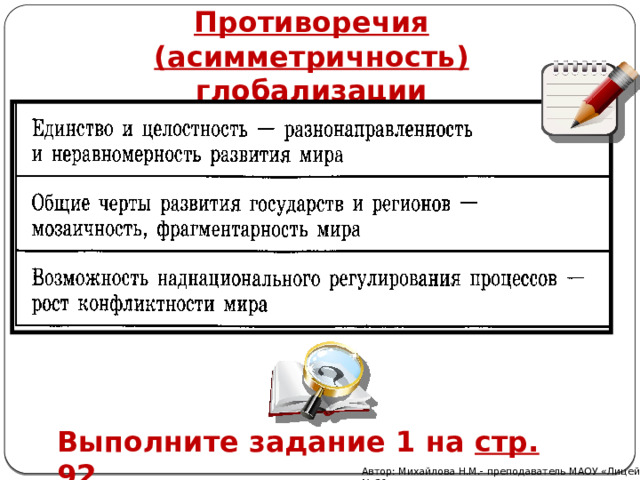 Противоречия (асимметричность) глобализации Выполните задание 1 на стр. 92 Автор: Михайлова Н.М.- преподаватель МАОУ «Лицей № 21» 