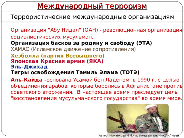 Международный терроризм Террористические международные организациям  Организация 