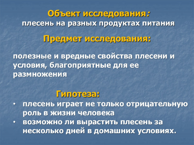 Объект исследования :  плесень на разных продуктах питания 