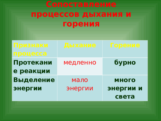 Сопоставление процессов дыхания и горения Признаки процесса Дыхание Протекание реакции Горение медленно Выделение энергии мало энергии бурно много энергии и света 