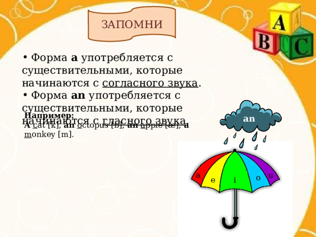 ЗАПОМНИ  Форма а употребляется с существительными, которые начинаются с согласного звука .  Форма an употребляется с существительными, которые начинаются с гласного звука . Например: A  c at [k], an  o ctopus [ɒ], an  a pple [æ], a  m onkey [m]. an a u o e i 