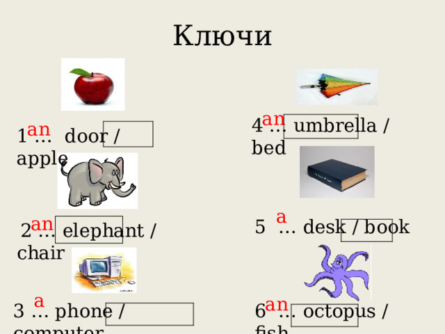 Ключи an 4 … umbrella / bed an 1 … door / apple a an 5 … desk / book  2 … elephant / chair a an 3 … phone / computer 6 … octopus / fish 