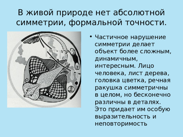 В живой природе нет абсолютной симметрии, формальной точности. Частичное нарушение симметрии делает объект более сложным, динамичным, интересным. Лицо человека, лист дерева, головка цветка, речная ракушка симметричны в целом, но бесконечно различны в деталях. Это придает им особую выразительность и неповторимость 