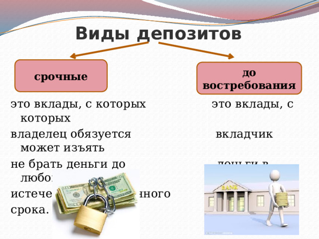 Виды депозитов срочные до востребования это вклады, с которых это вклады, с которых владелец обязуется вкладчик может изъять не брать деньги до деньги в любой момент. истечения определенного срока. 
