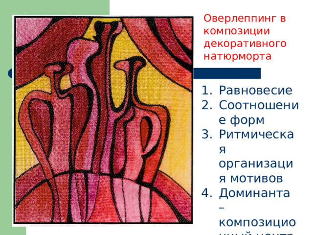 Оверлеппинг в композиции декоративного натюрморта Равновесие Соотношение форм Ритмическая организация мотивов Доминанта – композиционный центр 