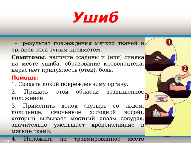 Ушиб  -  результат повреждения мягких тканей и органов тела тупым предметом . Симптомы : наличие ссадины и (или) синяка на месте ушиба, образование кровоподтека, нарастает припухлость (отек), боль. Помощь :  1. Создать покой поврежденному органу. 2. Придать этой области возвышенное положение. 3. Применить холод (пузырь со льдом, полотенце, смоченное холодной водой), который вызывает местный спазм сосудов, значительно уменьшает кровоизлияние в мягкие ткани. 4. Наложить на травмированное место давящуюся повязку. 