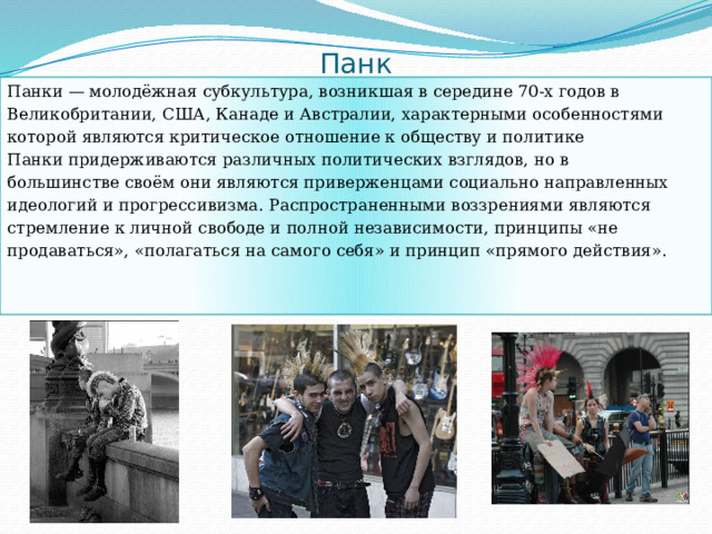 Панк Панки — молодёжная субкультура, возникшая в середине 70-х годов в Великобритании, США, Канаде и Австралии, характерными особенностями которой являются критическое отношение к обществу и политике Панки придерживаются различных политических взглядов, но в большинстве своём они являются приверженцами социально направленных идеологий и прогрессивизма. Распространенными воззрениями являются стремление к личной свободе и полной независимости, принципы «не продаваться», «полагаться на самого себя» и принцип «прямого действия». 