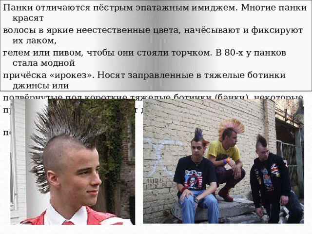 Панки отличаются пёстрым эпатажным имиджем. Многие панки красят волосы в яркие неестественные цвета, начёсывают и фиксируют их лаком, гелем или пивом, чтобы они стояли торчком. В 80-х у панков стала модной причёска «ирокез». Носят заправленные в тяжелые ботинки джинсы или подвёрнутые под короткие тяжелые ботинки (банки), некоторые предварительно вымачивают джинсы в растворе отбеливателя, чтобы те пошли рыжими разводами. 