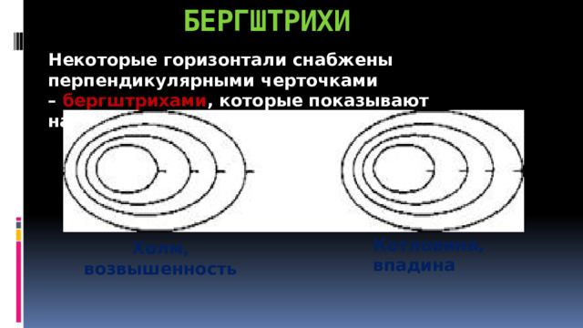 БЕРГШТРИХИ Некоторые горизонтали снабжены перпендикулярными черточками –   бергштрихами , которые показывают направление возвышения или понижения. Котловина, впадина Холм, возвышенность 