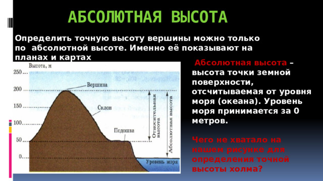 АБСОЛЮТНАЯ ВЫСОТА Определить точную высоту вершины можно только по абсолютной высоте. Именно её показывают на планах и картах   Абсолютная высота  – высота точки земной поверхности, отсчитываемая от уровня моря (океана). Уровень моря принимается за 0 метров. Чего не хватало на нашем рисунке для определения точной высоты холма? 