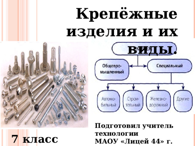 Крепёжные изделия и их виды. ВИДЫ КРЕПЕЖНЫХ ИЗДЕЛИЙ Подготовил учитель технологии МАОУ «Лицей 44» г. Липецка Овчаренко В.В. 7 класс  