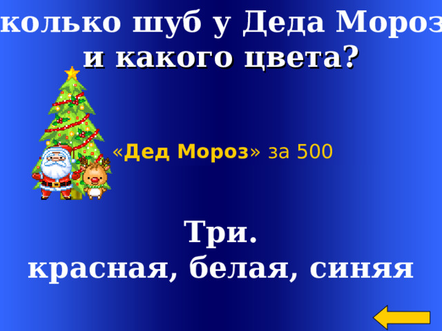 Сколько шуб у Деда Мороза и какого цвета? « Дед Мороз » за 500  Три. красная, белая, синяя Welcome to Power Jeopardy   © Don Link, Indian Creek School, 2004 You can easily customize this template to create your own Jeopardy game. Simply follow the step-by-step instructions that appear on Slides 1-3. 2 