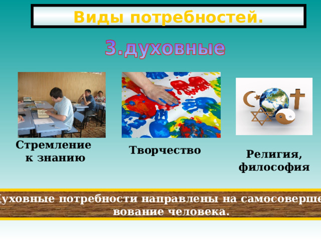 Виды потребностей. Стремление к знанию Творчество Религия, философия Духовные потребности направлены на самосовершенст- вование человека. 