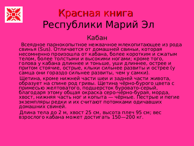 Красная книга    Республики Марий Эл Кабан  Всеядное парнокопытное нежвачное млекопитающее из рода свинья (Sus). Отличается от домашней свиньи, которая несомненно произошла от кабана, более коротким и сжатым телом, более толстыми и высокими ногами; кроме того, голова у кабана длиннее и тоньше, уши длиннее, острее и притом стоячие, острые, клыки сильнее развиты и острее (у самца они гораздо сильнее развиты, чем у самки).  Щетина, кроме нижней части шеи и задней части живота, образует на спине род гривы. Щетина чёрно-бурого цвета с примесью желтоватого, подшерсток буровато-серый, благодаря этому общая окраска серо-чёрно-бурая, морда, хвост, нижняя часть ног и копыта — чёрные. Пестрые и пегие экземпляры редки и их считают потомками одичавших домашних свиней.  Длина тела до 2 м, хвост 25 см, высота плеч 95 см; вес взрослого кабана может достигать 150—200 кг. 