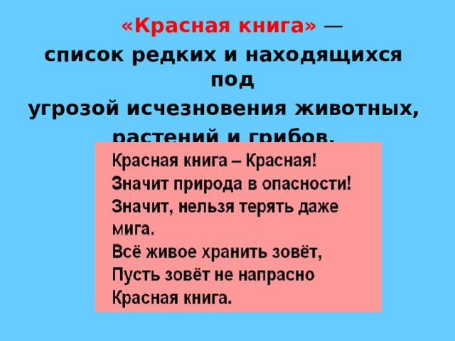  «Красная книга»  — список редких и находящихся под угрозой исчезновения животных, растений и грибов. 