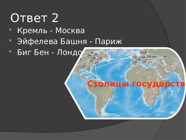 Ответ 2 Кремль - Москва Эйфелева Башня - Париж Биг Бен - Лондон Столицы государств 