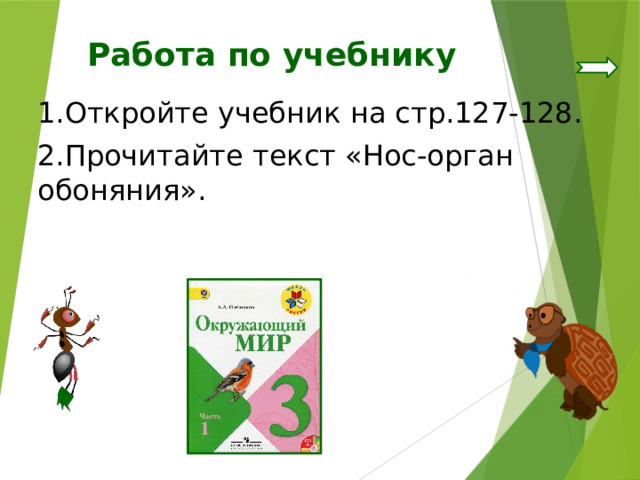 Работа по учебнику 1.Откройте учебник на стр.127-128. 2.Прочитайте текст «Нос-орган обоняния». 