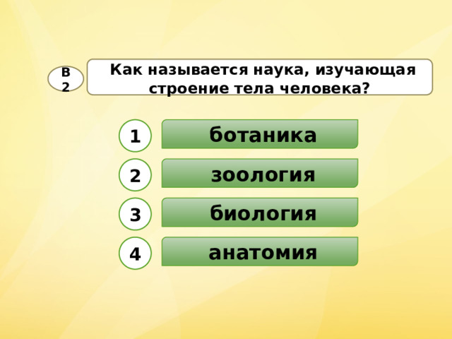  Как называется наука, изучающая строение тела человека? В2  ботаника 1  зоология 2  биология 3  анатомия 4 