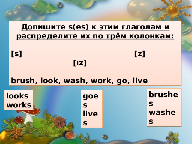 Допишите s(es) к этим глаголам и распределите их по трём колонкам:  [s] [z] [ I z]  brush, look, wash, work, go, live brushes washes looks goes works lives 