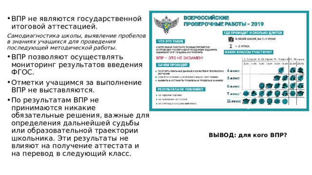 ВПР не являются государственной итоговой аттестацией. Самодиагностика школы, выявление пробелов в знаниях учащихся для проведения последующей методической работы. ВПР позволяют осуществлять мониторинг результатов введения ФГОС. Отметки учащимся за выполнение ВПР не выставляются. По результатам ВПР не принимаются никакие обязательные решения, важные для определения дальнейшей судьбы или образовательной траектории школьника. Эти результаты не влияют на получение аттестата и на перевод в следующий класс. ВЫВОД: для кого ВПР? 