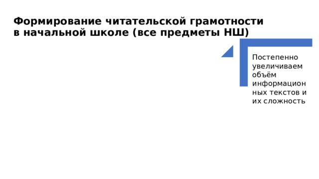 Формирование читательской грамотности в начальной школе (все предметы НШ) Постепенно увеличиваем объём информационных текстов и их сложность 