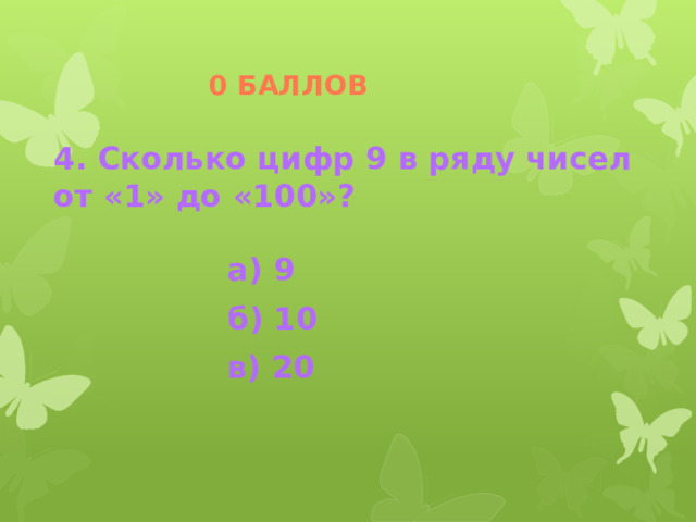0 баллов 4. Сколько цифр 9 в ряду чисел от «1» до «100»?  а) 9 б) 10 в) 20 