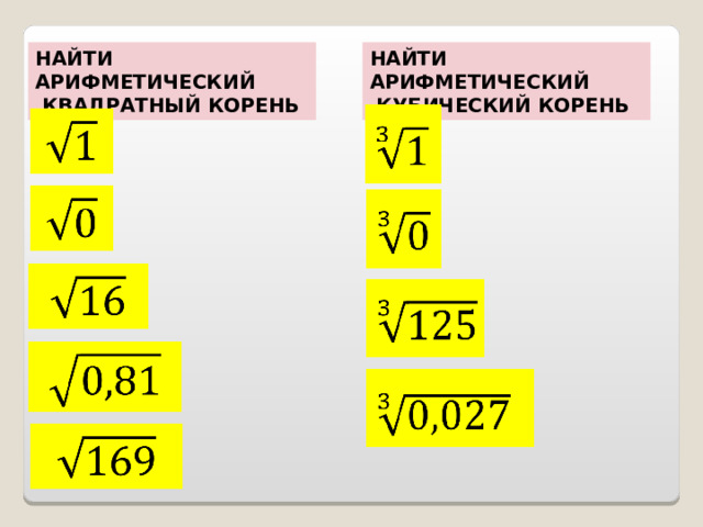 НАЙТИ АРИФМЕТИЧЕСКИЙ  КУБИЧЕСКИЙ КОРЕНЬ НАЙТИ АРИФМЕТИЧЕСКИЙ  КВАДРАТНЫЙ КОРЕНЬ  