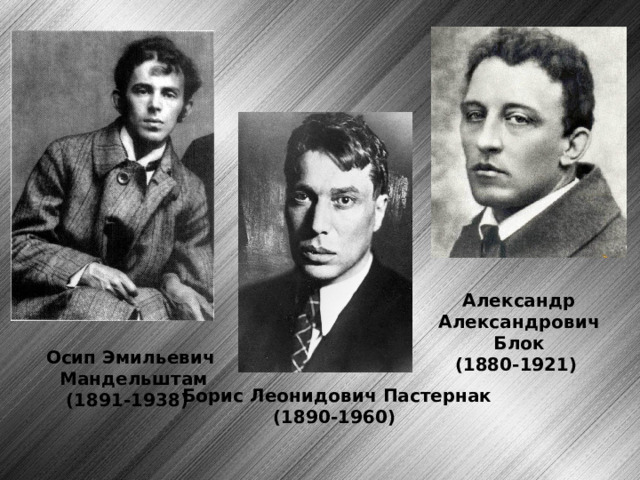 Александр Александрович Блок (1880-1921) Она дружила с Блоком, роман с которым ей упорно приписывали (основанием для этого послужил обмен стихами, которые были опубликованы), с Мандельштамом (который был не только один из ее ближайших друзей, но в те годы пытался за нею ухаживать – правда, безуспешно), Пастернаком (по ее словам, Пастернак семь раз делал ей предложение, хотя и не был по-настоящему влюблен Осип Эмильевич  Мандельштам (1891-1938) Борис Леонидович Пастернак (1890-1960)  