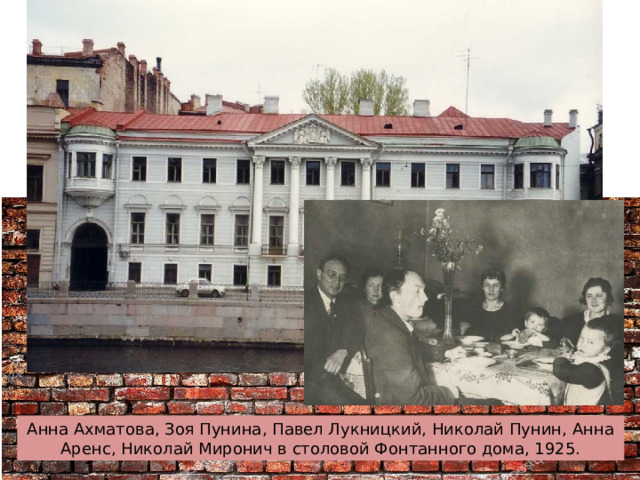 Анна Ахматова, Зоя Пунина, Павел Лукницкий, Николай Пунин, Анна Аренс, Николай Миронич в столовой Фонтанного дома, 1925. 