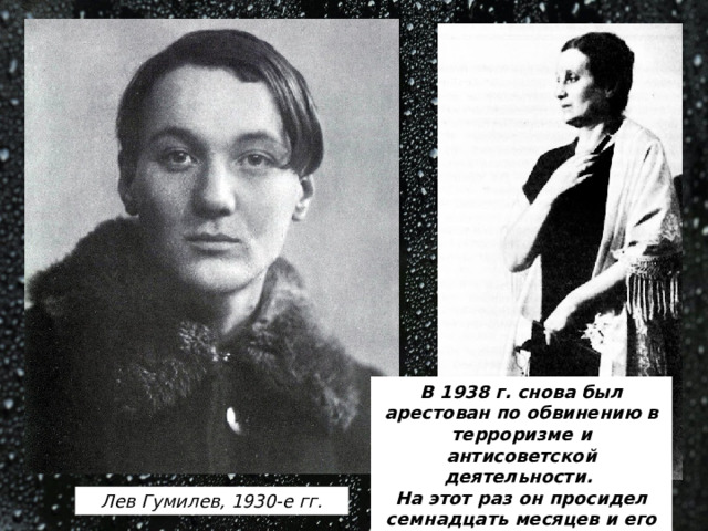 В 1938 г. снова был арестован по обвинению в терроризме и антисоветской деятельности. На этот раз он просидел семнадцать месяцев и его приговорили к смерти Лев Гумилев, 1930-е гг. 
