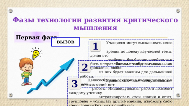 Фазы технологии развития критического мышления Первая фаза ВЫЗОВ  Учащиеся могут высказывать свою точку  зрения по поводу изучаемой темы, делая это  свободно, без боязни ошибиться и быть исправленным преподавателем. 1  Важно, чтобы высказывания фиксировались, любое  из них будет важным для дальнейшей работы.  «Правильных» или «неправильных» высказываний нет. 2  Целесообразно сочетание индивидуальной и групповой  работы. Индивидуальная работа позволит каждому ученику  актуализировать свои знания и опыт, групповая ‒ услышать другие мнения, изложить свою точку зрения без риска ошибиться. 3 