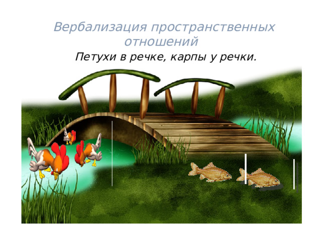  Вербализация пространственных отношений  Петухи в речке, карпы у речки. 