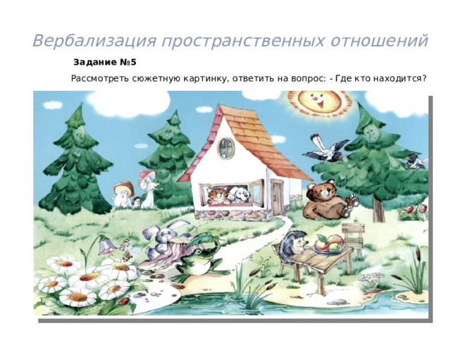  Вербализация пространственных отношений  Задание №5  Рассмотреть сюжетную картинку, ответить на вопрос: - Где кто находится? 