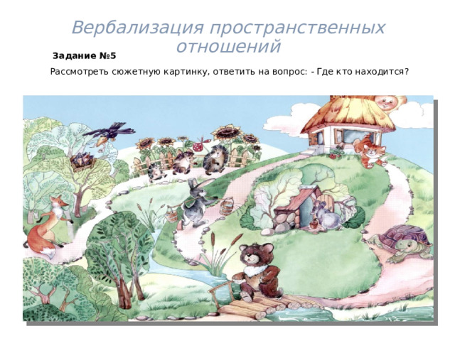 Вербализация пространственных отношений  Задание №5  Рассмотреть сюжетную картинку, ответить на вопрос: - Где кто находится? 