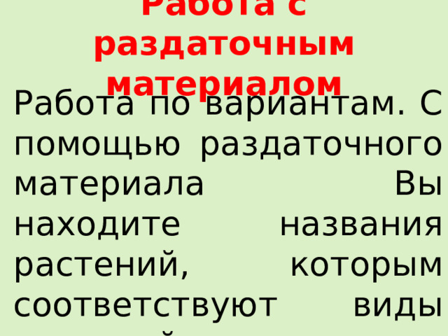 Работа с раздаточным материалом Работа по вариантам. С помощью раздаточного материала Вы находите названия растений, которым соответствуют виды соцветий по вариантам. 