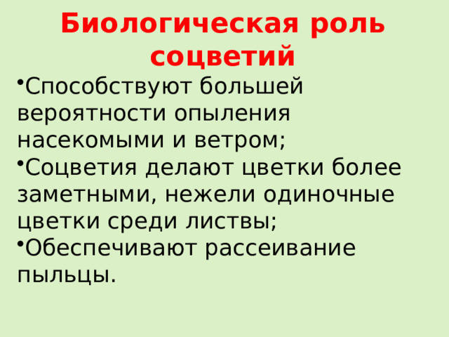 Биологическая роль соцветий Способствуют большей вероятности опыления насекомыми и ветром; Соцветия делают цветки более заметными, нежели одиночные цветки среди листвы; Обеспечивают рассеивание пыльцы.     